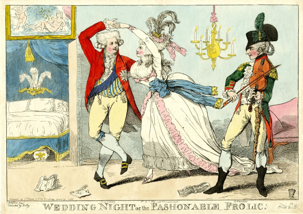 Eine Karikatur eines Mannes und einer Frau, die auf einer Hochzeit tanzen, beleuchtet von einem Kronleuchter, mit einem Bett, einem Wandrahmen und verschiedenen Gegenständen auf dem Boden. Unten steht der Text "Hochzeitsnacht oder das modebewusste Vergnügen".