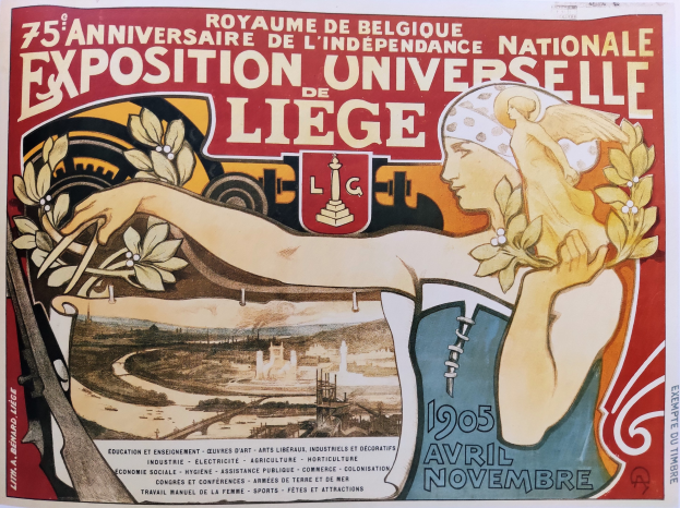 Plakat zum 75-jährigen Jubiläum der Nationalen Ausstellung Universitaire de Liège, das eine Frau mit Blumenstraßus und Text über das Ereignis zeigt.