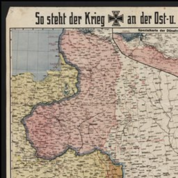 Ein gerahmtes Deutschland-Karte mit der Überlagerung des Textes "So Steht der Krieg an der Ost-U".