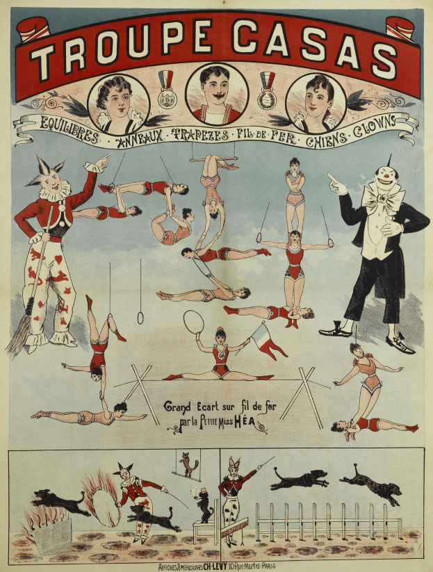 Circusplakat in Paris mit Performern in bunten Kostümen und Masken, Text: 'Troupe Casas'.
