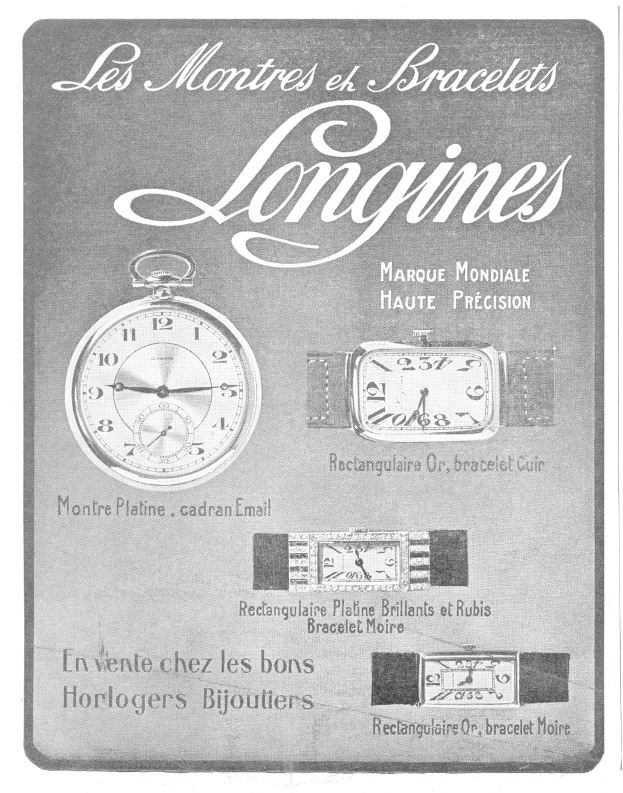 Vintage Longines Uhrenwerbung-Plakat aus den 1920er Jahren mit detaillierten Uhren-Illustrationen und klassischer Typografie in gedämpften Blautönen und Grautönen.