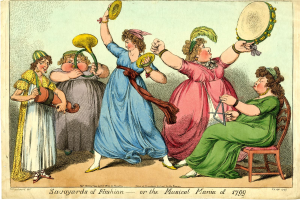 Eine Gruppe von Frauen in farbenfrohen Kleidern, die Musikinstrumente spielen, mit einer Frau in der Mitte sitzend, und einem Text unten lesend 'Savoyards der Mode oder die musikalische Manie von 1799'.