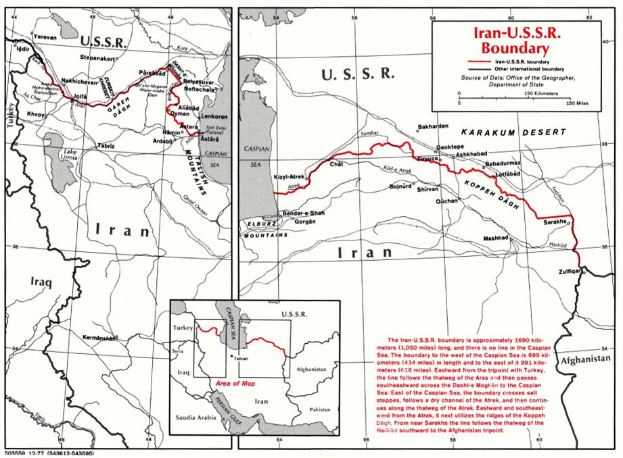 Detailierte Plakatkarte der iranisch-sowjetischen Grenze mit geografischen Merkmalen und Grenzinformationen.