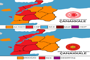 Eine Karte von Türkei, die in verschiedenen Farben dargestellt ist, um den prozentualen Anteil der Bevölkerung in jedem Gebiet zu zeigen, mit dem Text "Canakkale Wahlresultate 2018".