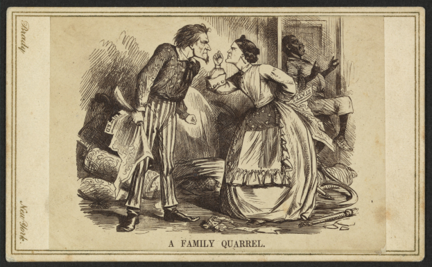 Ein Familienstreit dargestellt mit einem Mann, der ein Objekt hält und einer Frau neben ihm, mit dem Text "Ein Familienstreit" unten.