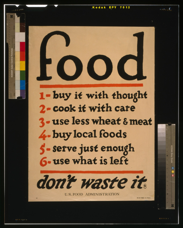 Plakat mit Text, der zum bewussten Einkaufen, schonenden Kochen, reduziertem Getreide- und Fleischkonsum, angemessenen Portionen und Abfallvermeidung aufruft.