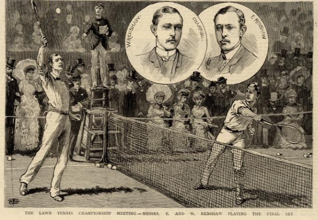 Schwarze und weiße Zeichnung von zwei Männern, die auf einem Platz mit einem Netz Tennis spielen, während eine Gruppe von Menschen im Hintergrund zuschaut; Text unten lautet: "The Lawn Tennis Championship Meeting - Messers, E und W Renshaw spielen das entscheidende Satz."