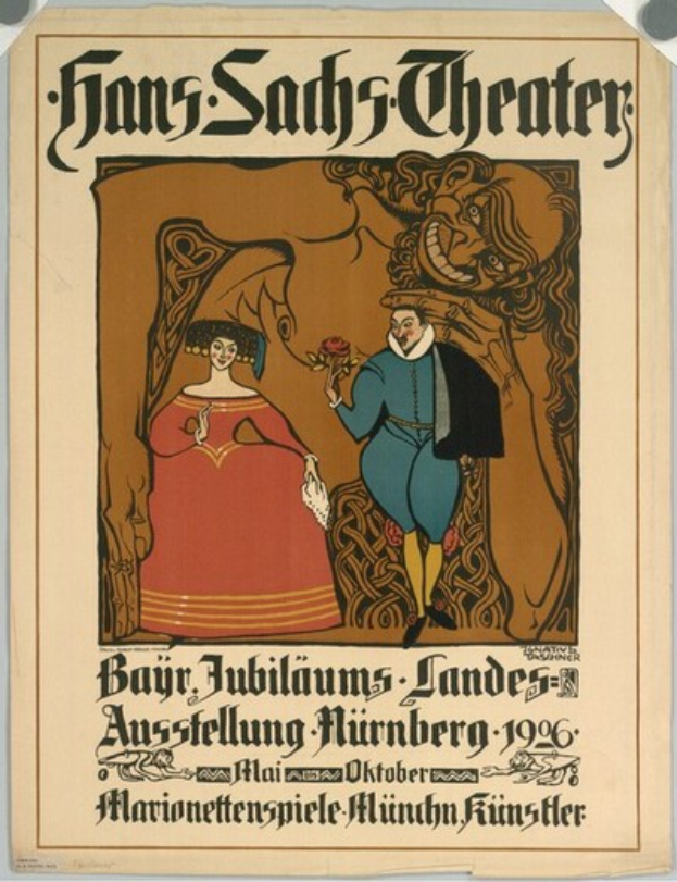 Ein Plakat für das Hans-Sachs-Theater in München, Deutschland, zeigt einen Mann im Anzug und eine Frau in einem Kleid nebeneinander vor einem tiefblauen Hintergrund mit funkelnden Sternen.
