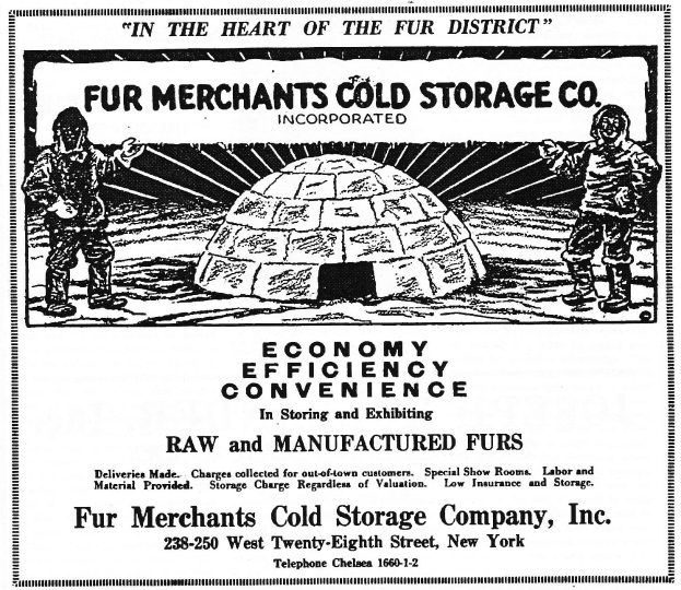 Eine Werbung f├╝r die Fur Merchants Cold Storage Company, Inc., mit zwei Personen vor einer iglu├Ąhnlichen Struktur und Text, der die Dienstleistungen des Unternehmens beschreibt.