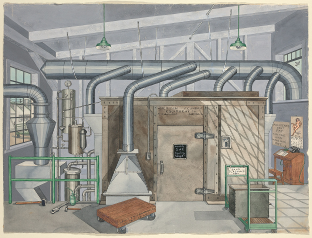 Ein detailliertes Linienbild eines industriellen Fabrikinneren mit einer großen Maschine in der Mitte, umgeben von zusätzlicher Maschine, Rohren, einer Tür, einem Wagen, einem Tisch, einem Stuhl, einer Tafel mit der Aufschrift "American Foundry Equipment Co, Indiana", Fenstern und Deckenleuchten.