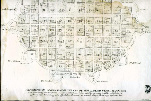 Ein altes Stadtplan von Berlin, Deutschland, mit detaillierten Straßen, Gebäuden und Sehenswürdigkeiten auf einem schwarzen Hintergrund, einschließlich Text mit Straßennamen und Sehenswürdigkeiten.