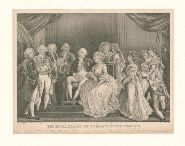 Eine Gruppe von Menschen, einschließlich der königlichen Familie von England, die auf einer Treppe vor einer Vorhangwand im Jahr 1787 stehen und sitzen, mit Text unten.