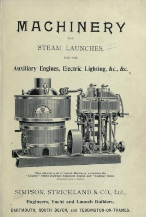 Ein altes Buchcover mit einer detaillierten Abbildung einer Dampfmaschine, auf der der Text "Maschinen für Dampfschiffe, auch für Hilfsmaschinen, Elektrobeleuchtung & C" deutlich zu sehen ist.