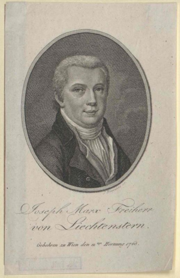 Porträt von Joseph Marx Freicher von Liechtenstein, einem deutschen Komponisten, in einem schwarzen Anzug und weißem Hemd mit einem ernsten Gesichtsausdruck, der ein Blatt Papier hält.