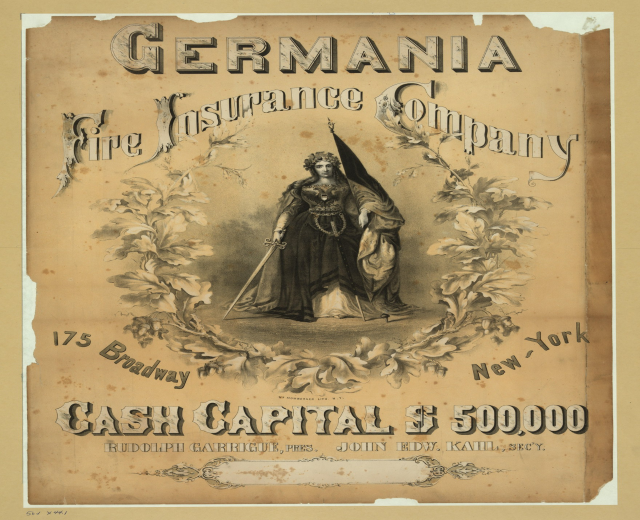 Alte Werbung für die Germania-Feuer-Versicherungsgesellschaft mit einer Frau in der Mitte und Text, der die Dienstleistungen beschreibt.