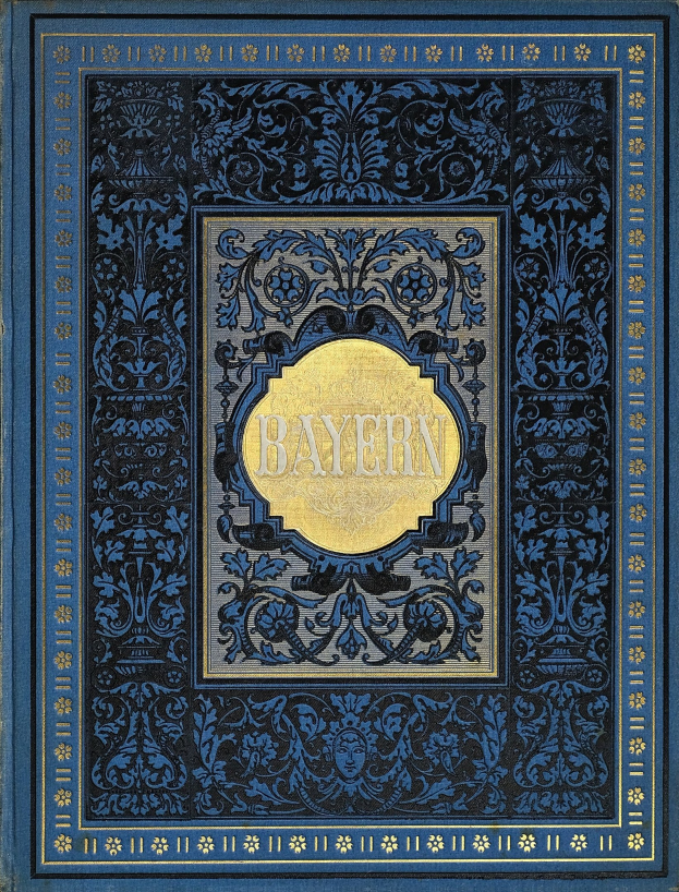 Ein blau-goldenes Buch mit dem Wort "Bayern" auf dem Cover, das dekorative Verzierungen aufweist.