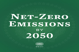 Weißer fetter Text, der "net-zero emissions by 2050" auf einem festen grünen Hintergrund liest.