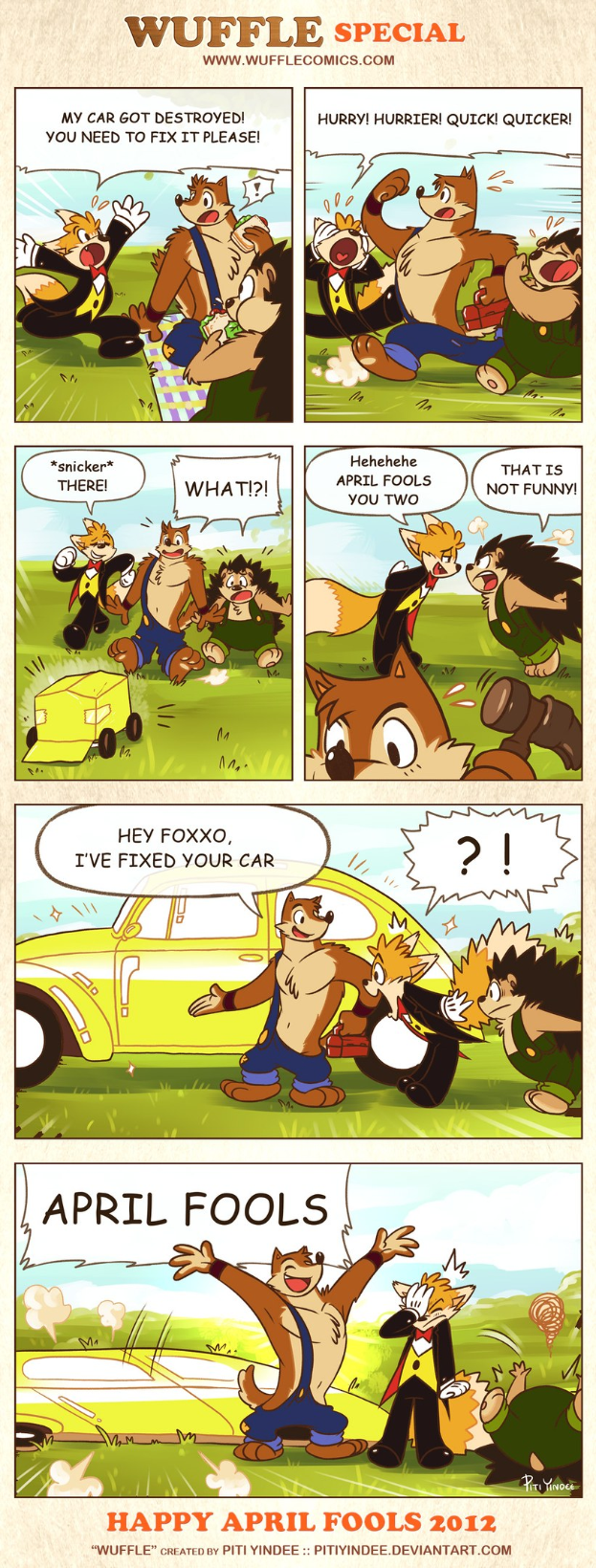 Comic-Stripschild mit der Aufschrift "April Fools", das einen Cartoon-Mann und -Frau in einer Diskussion vor einem hellblauen Himmel mit weißen Wolken zeigt, wobei einer mit den Händen gestikuliert.