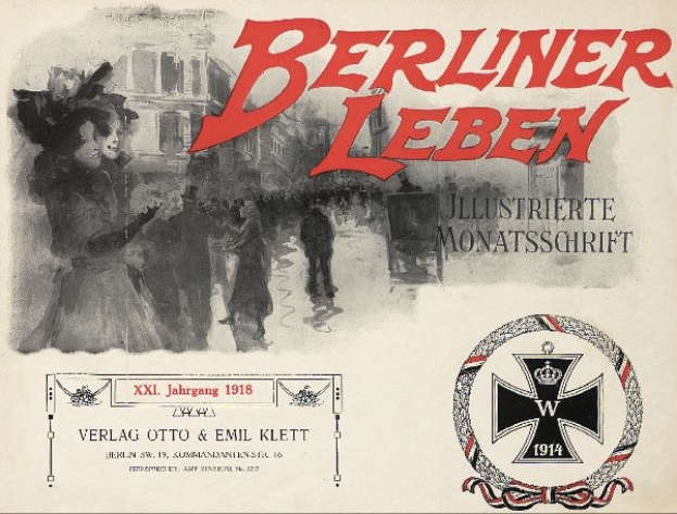 Titelbild eines alten Buches namens 'Berliner Leben' mit einer Gruppe von Menschen in einer feierlichen Umgebung und einem militärisch anmutenden Logo.