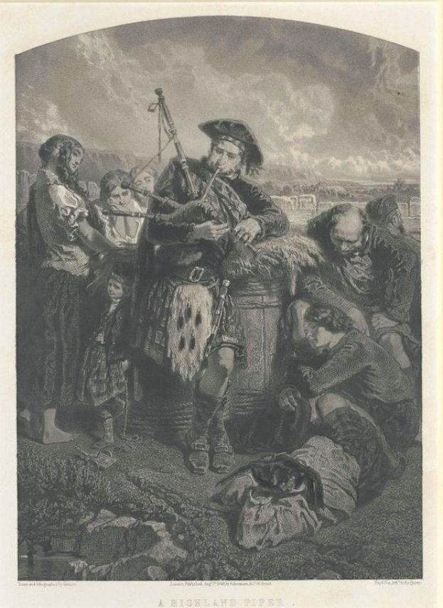Schwarze und weiße Gravur eines Mannes, der eine Dudelsack vor einer Gruppe von Menschen spielt, mit einem bewölkten Himmel im Hintergrund, beschriftet mit "Ein Highland-Pfeife" unten.