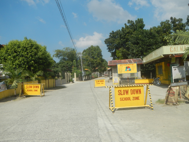 Gelbes "Slow Down School Zone"-Schild auf der linken Seite einer Straße mit parkenden Fahrzeugen auf der rechten Seite, Bäumen, Gebäuden, Strommasten, Drähten und Himmel im Hintergrund.