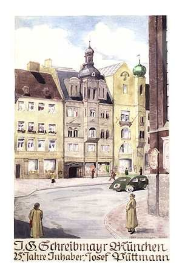 Malerische Darstellung einer Stra√e mit Fussgängern, einem Auto und Gebäuden, signiert "J.S. Schreibmayr München" unten.