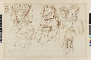 Ein detailliertes, realistisch gezeichnetes Bild von drei Frauen in Kleidern und Hüten mit leuchtenden Farben, einer Skala und einem Farbpalettenfeld auf dem Papier.