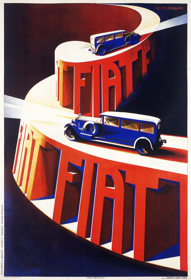 Plakatwerbung für Fiat-Autos, das einen blauen Wagen und einen roten Wagen mit dem Fiat-Logo und Text zeigt.
