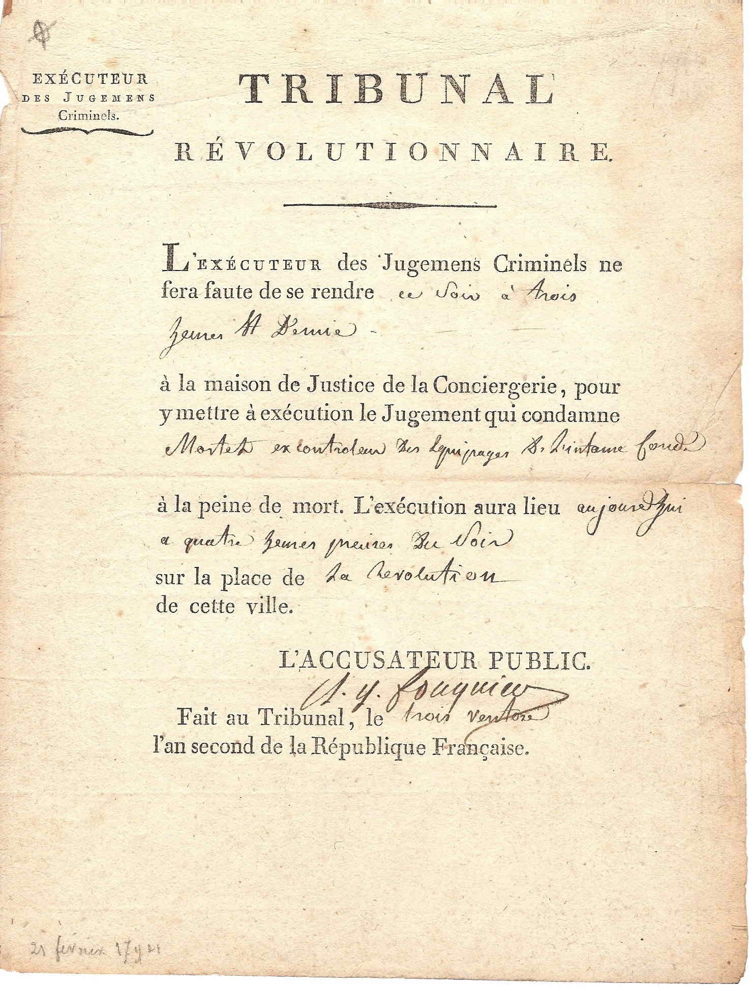 Gelbes juristisches Dokument mit der Überschrift 'Tribunal Révolutionnaire', das Hinrichtungsurteile in Frankreich beschreibt, in Schreibschrift.