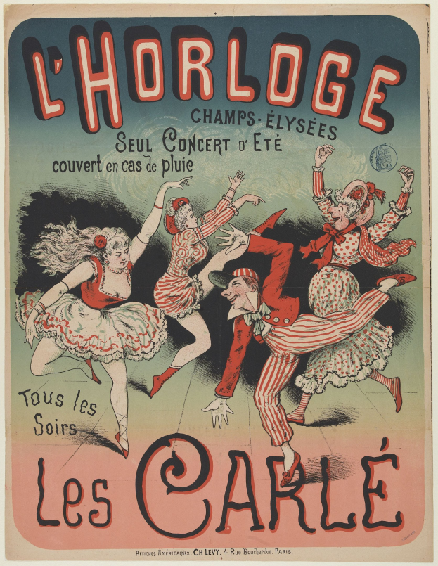 Plakat für ein Konzert im Chorlage in Paris mit einer Gruppe von Menschen in bunten Kostümen, die tanzen und strahlend lächeln, umgeben von fetter Schrift auf einem gelben Hintergrund.