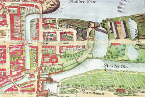 Ein detaillierter alter Stadtplan von Stuttgart, Deutschland, der Straßen, Gebäude, Sehenswürdigkeiten, Bäume, Gras, Wasser und Text zeigt, der Informationen über die Bevölkerung, Geschichte und Kultur der Stadt enthält.