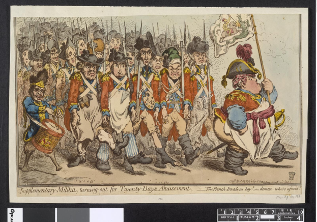 Gruppe von Männern in Militäruniformen marschiert auf einer Straße, einer hält einen Stock in der Hand, mit Text unten: 'Ergänzungsmilitär, zum 20-tägigen Vergnügen antretend'.