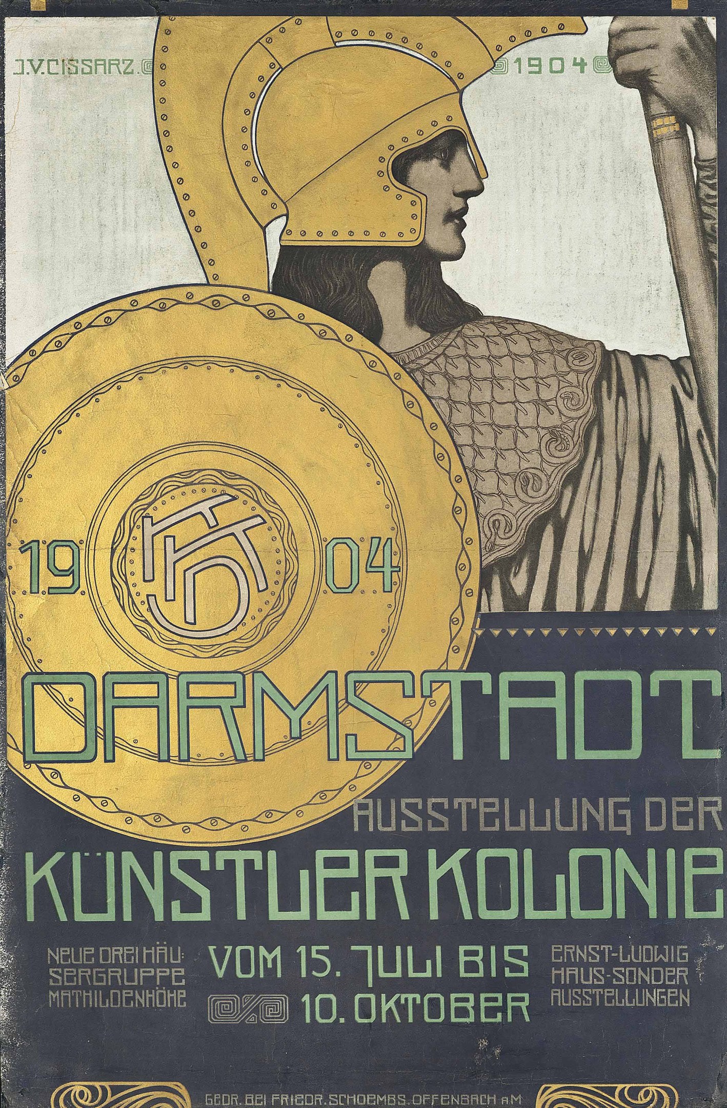 Plakat für ein 1904er Berlin-Konzert, das eine Helme tragende Figur mit einem Schild zeigt, auf dem "Darmstadt" und "Künstler Kolonie" in fetter Schrift stehen.