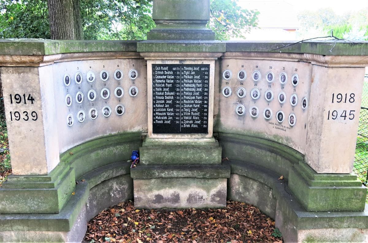 Ein Holocaust-Denkmal-Monument in einem jüdischen Friedhof in Berlin, das eine Tafel mit Text und Zahlen zeigt, umgeben von Bäumen, einem Zaun und verstreuten trockenen Blättern.