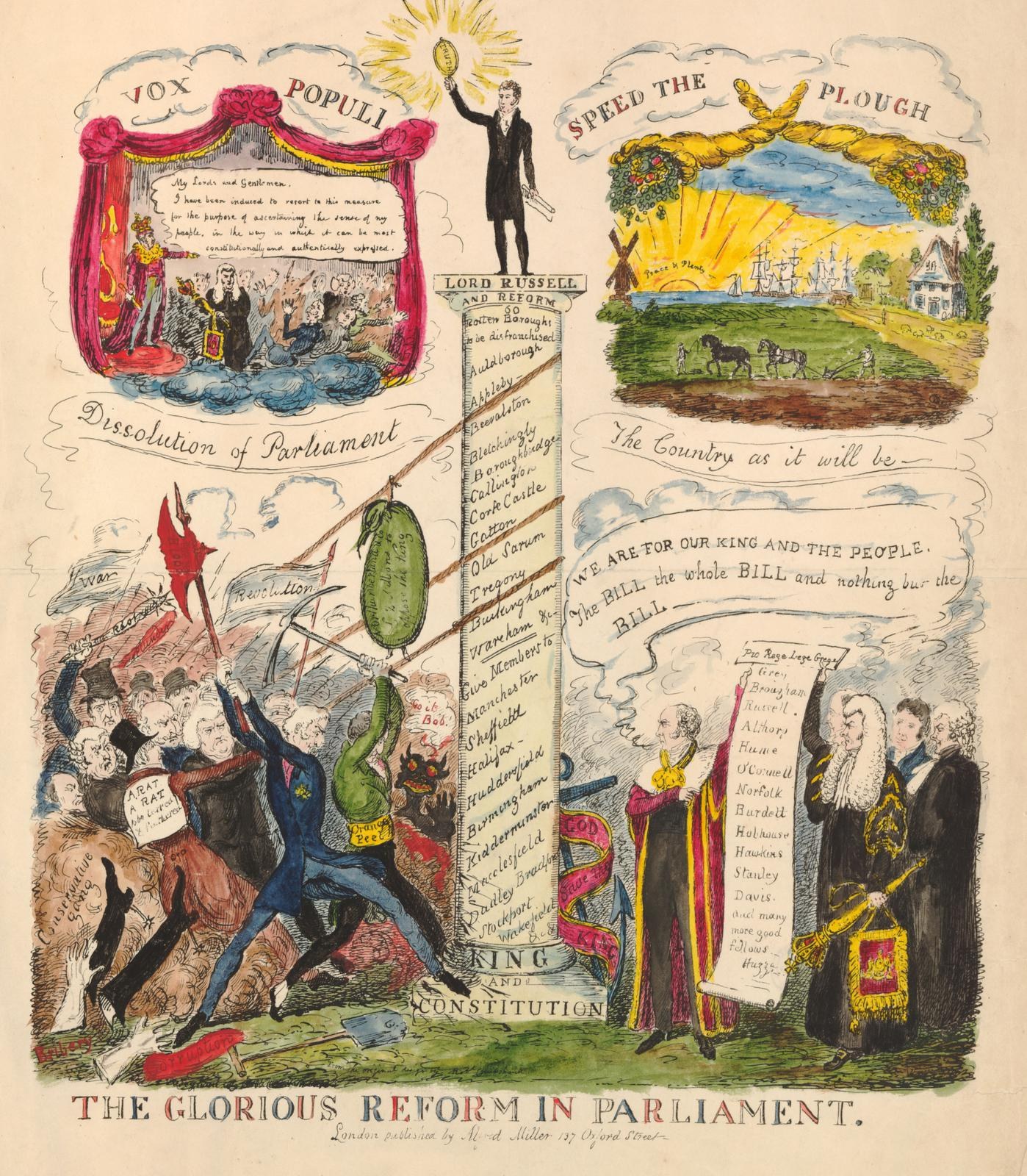 Ein buntes illustriertes Dokument mit der Überschrift "Die glorreiche Reform im Parlament", das mutige Schriftarten und verschiedene fröhliche Menschen zeigt, die Fortschritt und Hoffnung symbolisieren.