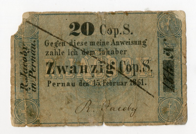 Alte deutsche 20-Mark-Banknote von 1861 mit Text und Zahlen auf altem Papier, vor einem weißen Hintergrund.