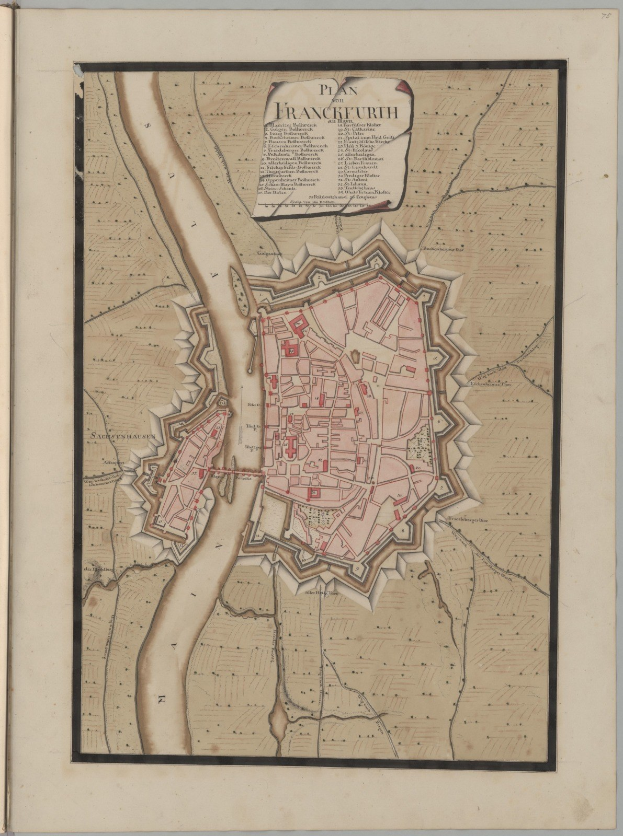 Altes Buch mit einem detaillierten Stadtplan von Frankfurt, Deutschland, der Straßen, Gebäude und Sehenswürdigkeiten zeigt und von begleitendem Text mit zusätzlichen Informationen.