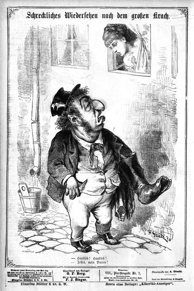 Cartoon-Illustration eines Mannes mit Zylinder und einer Frau in einem Kleid, die neben einer Wand, einem Fenster und einem Eimer stehen, mit Text unten, der "F. J. Singer, der erste deutsche Politiker, der in den Kongress gewählt wurde" identifiziert