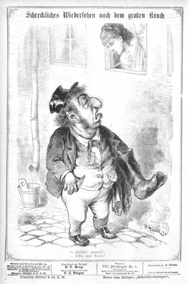 Cartoon-Illustration eines Mannes mit Zylinder und einer Frau in einem Kleid, die neben einer Wand, einem Fenster und einem Eimer stehen, mit Text unten, der "F. J. Singer, der erste deutsche Politiker, der in den Kongress gewählt wurde" identifiziert