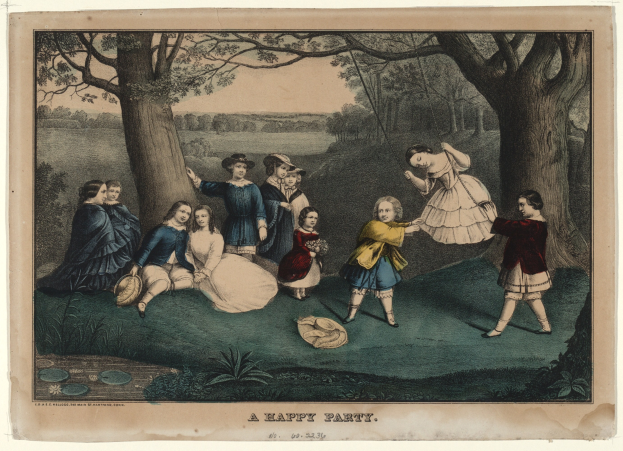 Eine Gruppe von Kindern, die in einem Park spielen, einige sitzen auf dem Boden und andere stehen, umgeben von Bäumen, Pflanzen und Gras mit "Eine fröhliche Party" Text unten.