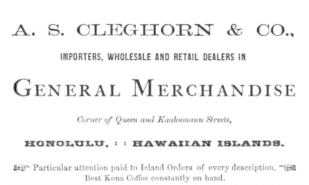 Schwarz-weiß-Papier mit gedrucktem Text, der "A.S. Cleghorn & Co. Importeure, Groß- und Einzelhandelshändler für Allgemeine Handelswaren" lautet