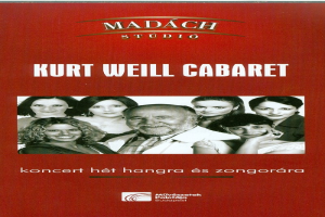 Ein Plakat für das Kurt-Weill-Cabaret-Konzert, das ein zentrales menschliches Gesicht zeigt, umgeben von einer Gruppe von Menschen und Text, wahrscheinlich der Konzerttitel.