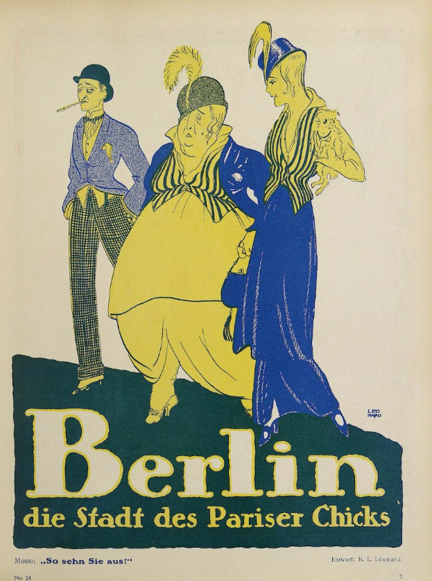 Plakatankündigung für ein Konzert in Berlin, Deutschland, mit einer Gruppe bunt gekleideter Menschen vor einem Gebäude und dem Text "Berlin - Die Stadt des Pariser Chicks" oben.