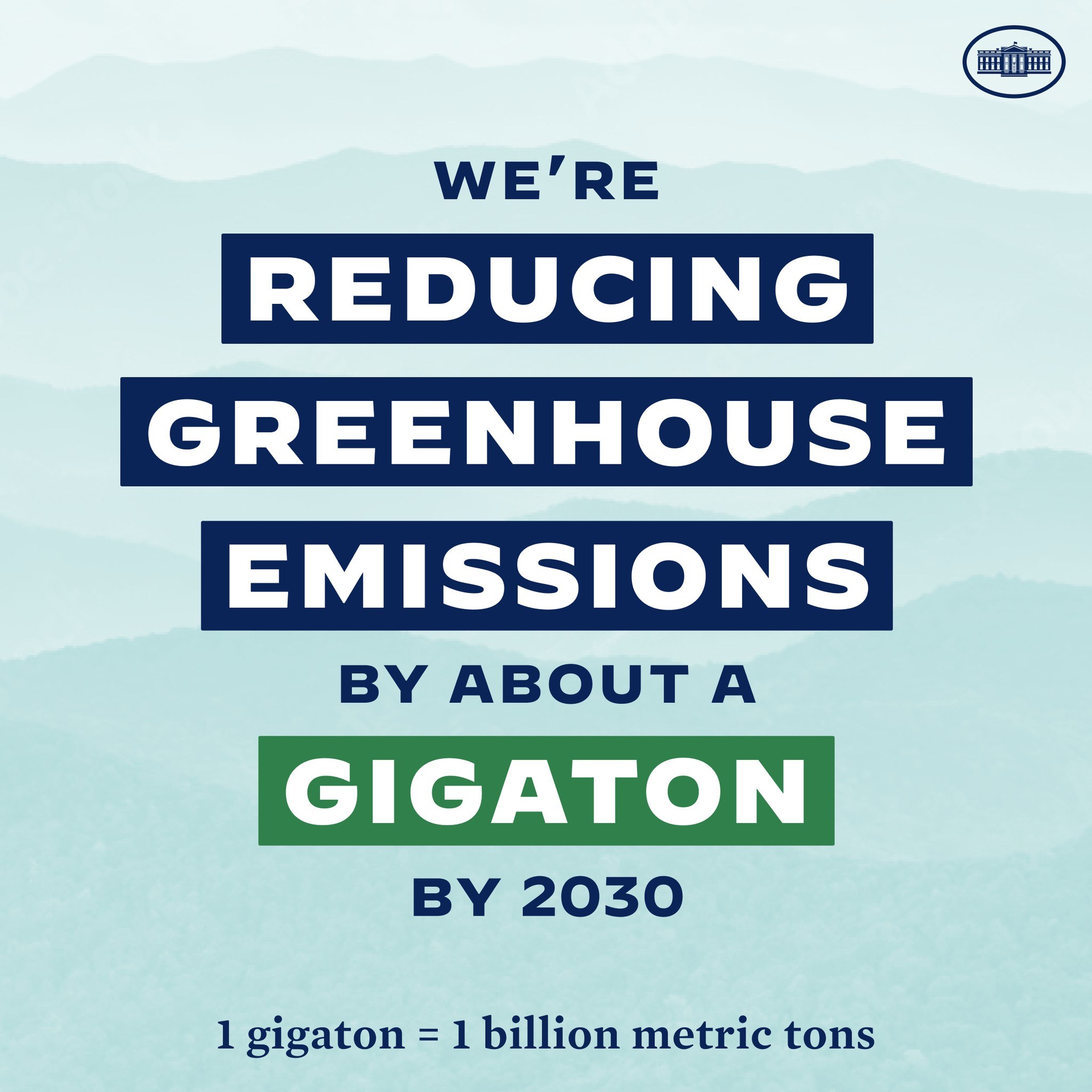 Plakat mit Text und Logo, das "Wir reduzieren die Treibhausgasemissionen bis 2030 um etwa eine Gigatonne" fordert.