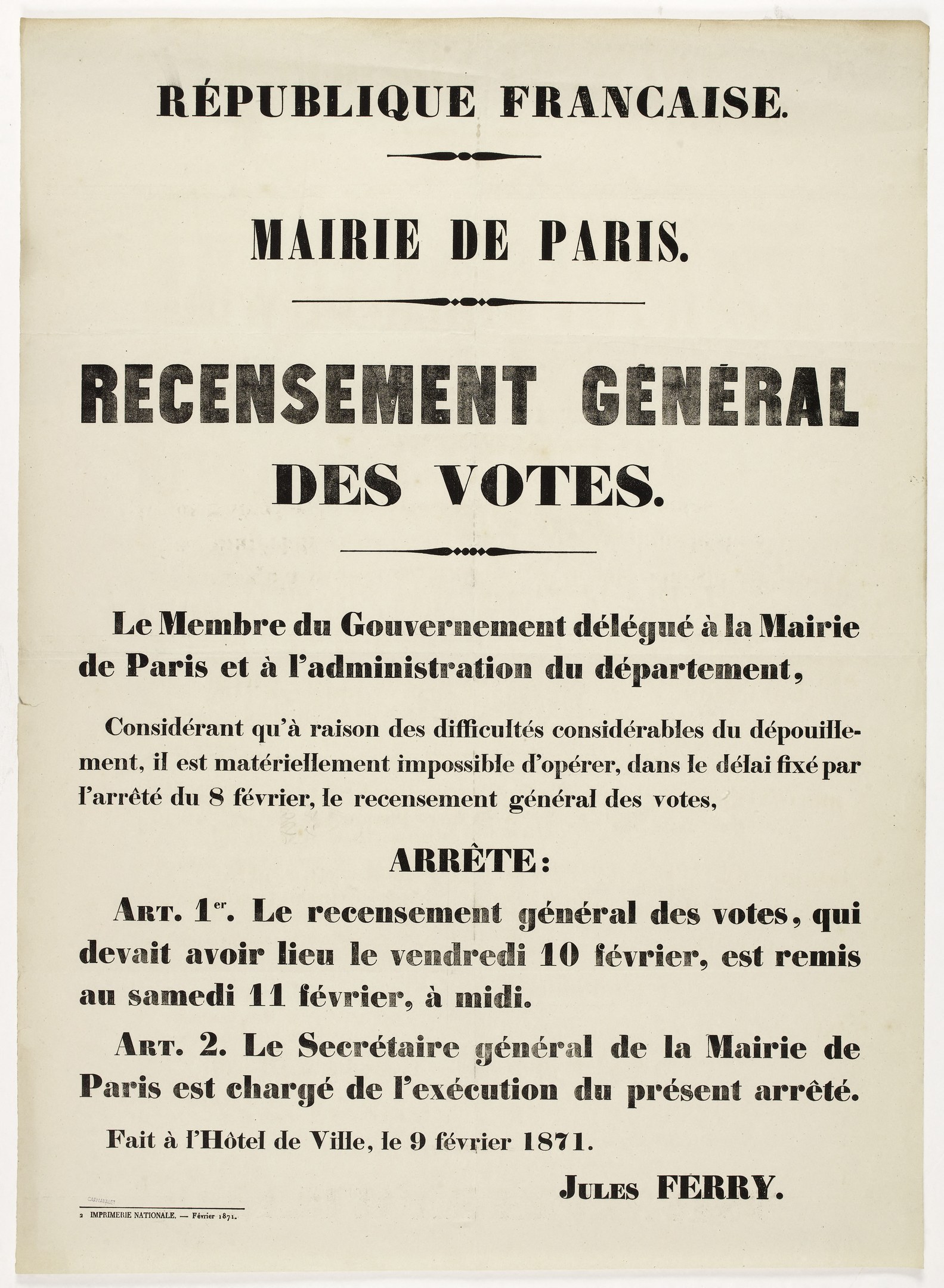 Altes französisches Plakat mit der Aufschrift "Recensement Général des Votes" im Zusammenhang mit einer allgemeinen Wahl.