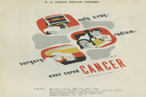 Plakat mit einem Mann in einem Laborkittel und Stethoskop mit der Aufschrift "Operationen haben noch nie Krebs geheilt" auf einem hellrosa Hintergrund.