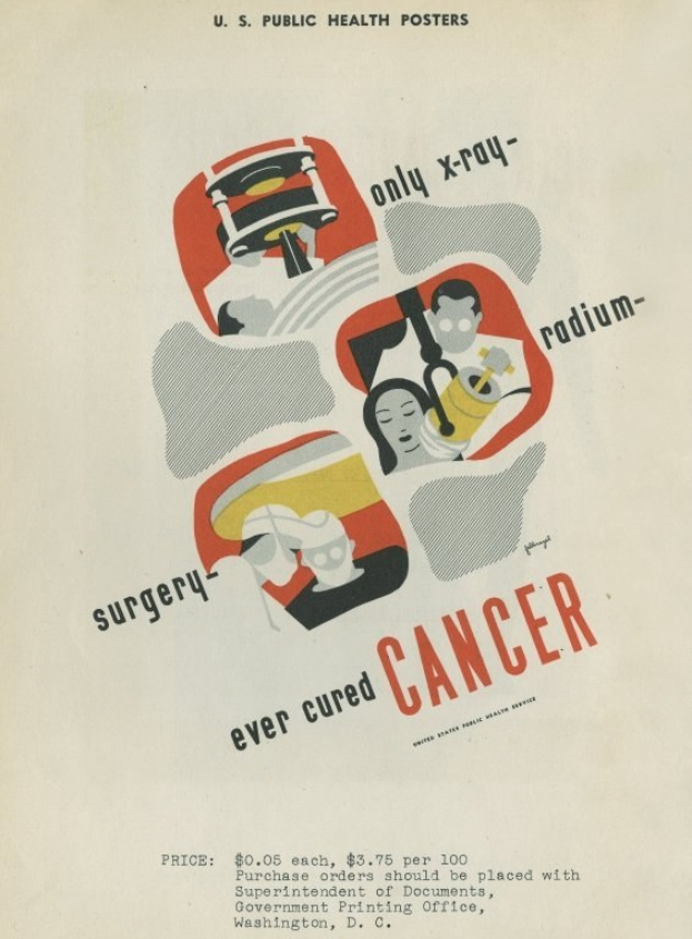 Plakat mit einem Mann in einem Laborkittel und Stethoskop mit der Aufschrift "Operationen haben noch nie Krebs geheilt" auf einem hellrosa Hintergrund.