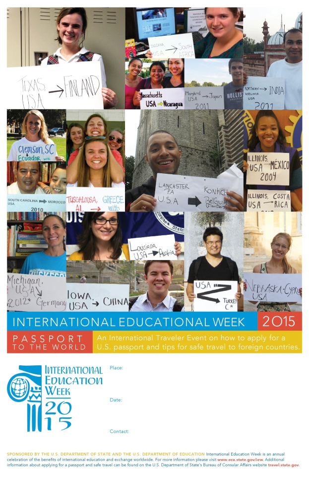 Internationaler Bildungswoche 2015 Plakat mit einer Gruppe von strahlenden Menschen mit Schildern mit textbezogenen Texten.