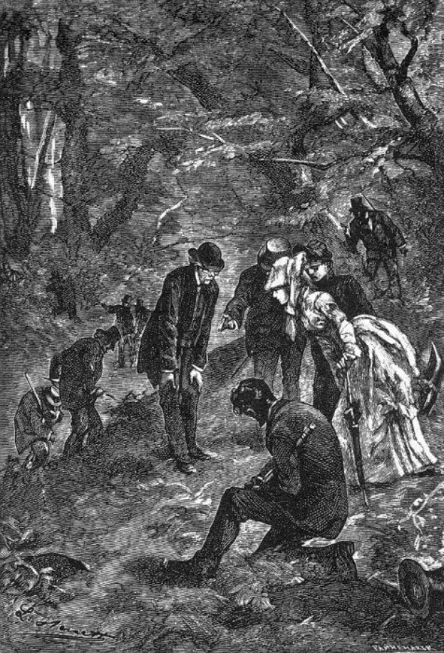 Schwarz-weiß-Illustration einer Gruppe von Menschen in einem bewaldeten Gebiet, mit Bäumen im Hintergrund, betitelt "Victorian illustration of the murder of a woman" unten.