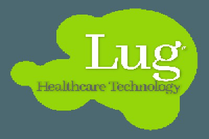 Logo von Lug Healthcare Technology: fette schwarze Schrift, die 'lug healthcare technology' in der Mitte eines blauen Kreises mit weißer Umrandung auf einem weißen Hintergrund liest.